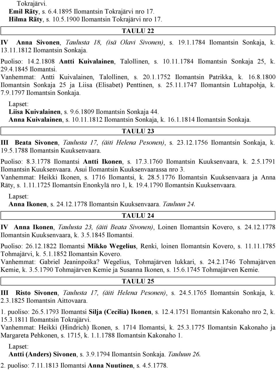 16.8.1800 Ilomantsin Sonkaja 25 ja Liisa (Elisabet) Penttinen, s. 25.11.1747 Ilomantsin Luhtapohja, k. 7.9.1797 Ilomantsin Sonkaja. Liisa Kuivalainen, s. 9.6.1809 Ilomantsin Sonkaja 44.