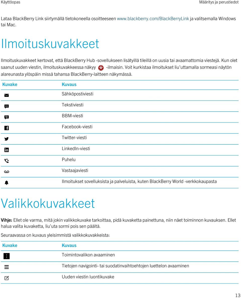 Kun olet saanut uuden viestin, ilmoituskuvakkeessa näkyy -ilmaisin. Voit kurkistaa ilmoitukset liu uttamalla sormeasi näytön alareunasta ylöspäin missä tahansa BlackBerry-laitteen näkymässä.