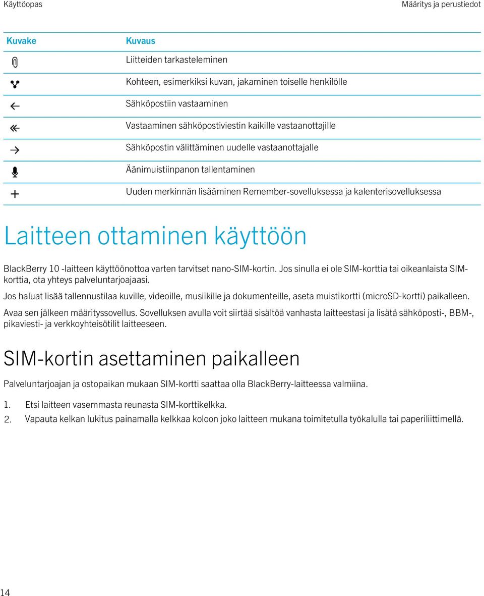 käyttöön BlackBerry 10 -laitteen käyttöönottoa varten tarvitset nano-sim-kortin. Jos sinulla ei ole SIM-korttia tai oikeanlaista SIMkorttia, ota yhteys palveluntarjoajaasi.