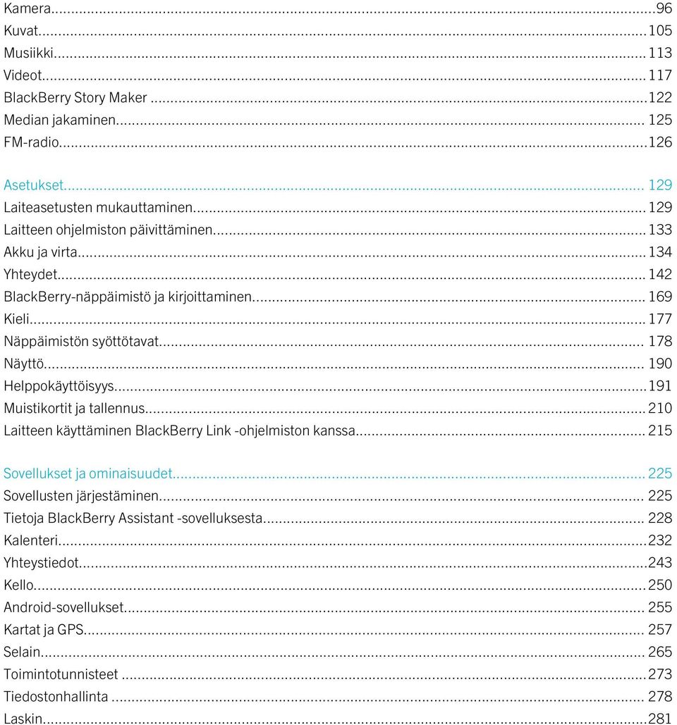 .. 190 Helppokäyttöisyys...191 Muistikortit ja tallennus... 210 Laitteen käyttäminen BlackBerry Link -ohjelmiston kanssa... 215 Sovellukset ja ominaisuudet... 225 Sovellusten järjestäminen.