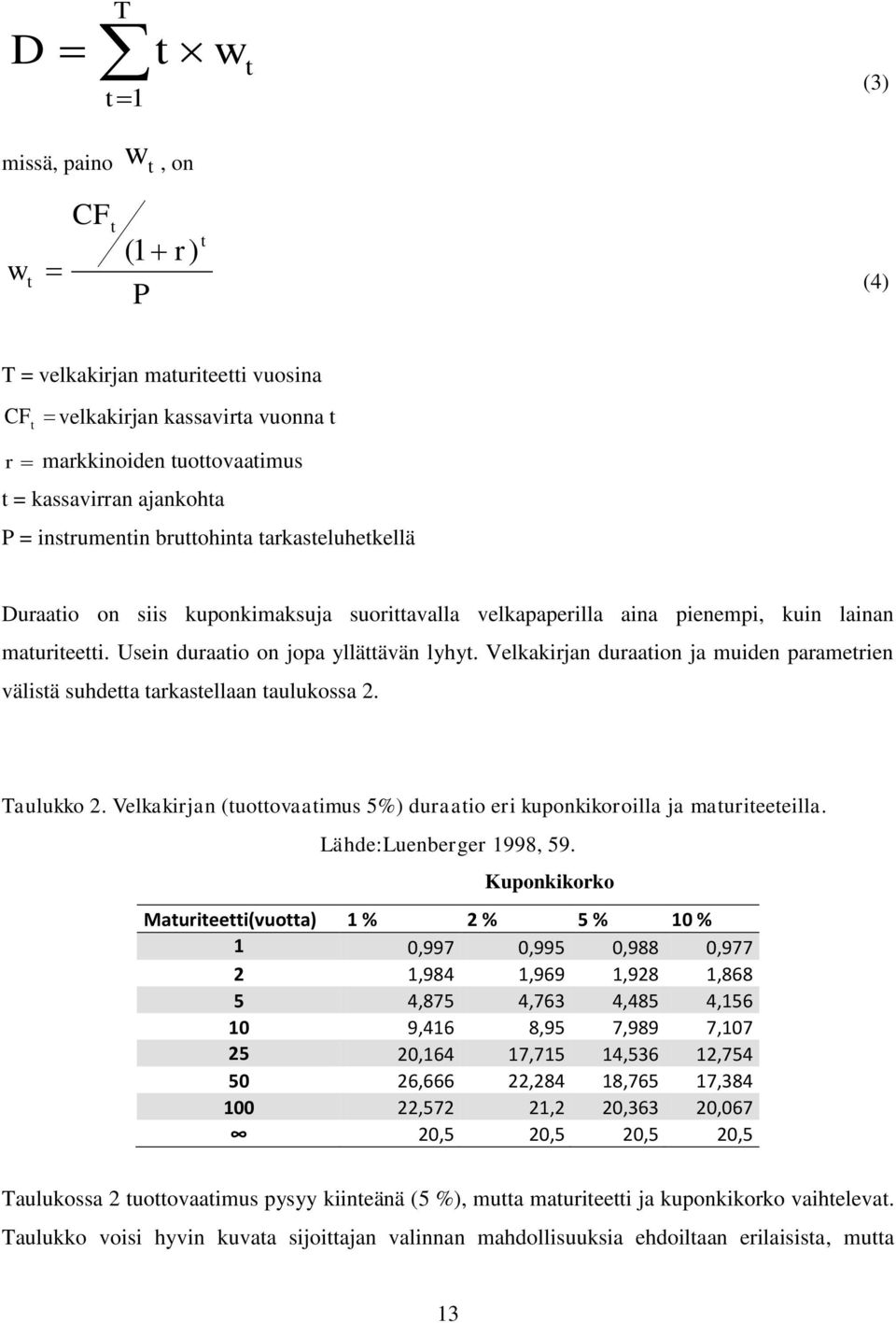 Velkakirjan duraation ja muiden parametrien välistä suhdetta tarkastellaan taulukossa 2. Taulukko 2. Velkakirjan (tuottovaatimus 5%) duraatio eri kuponkikoroilla ja maturiteeteilla.