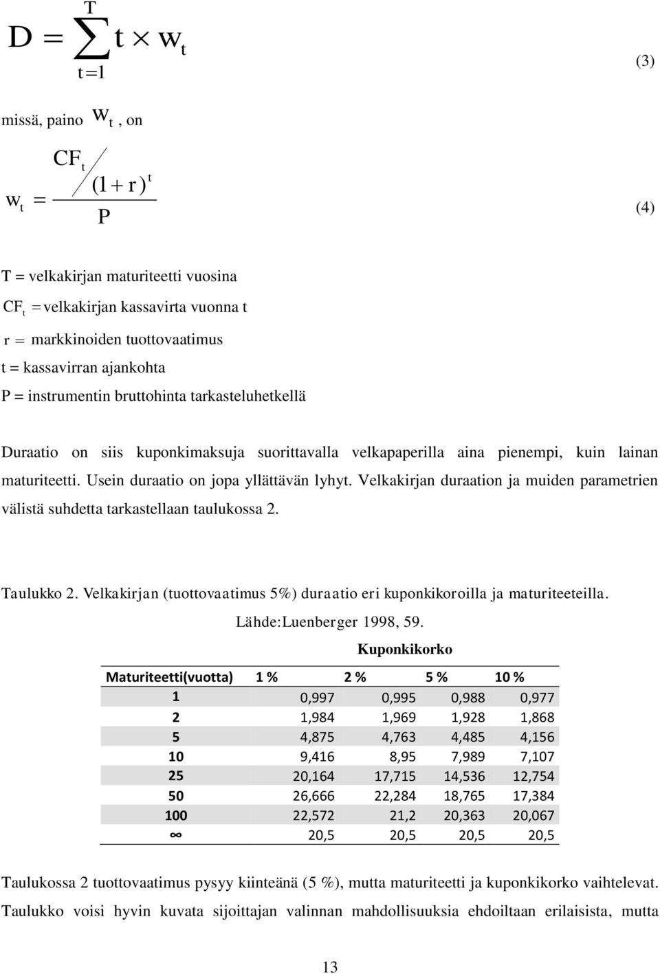 Velkakirjan duraation ja muiden parametrien välistä suhdetta tarkastellaan taulukossa 2. Taulukko 2. Velkakirjan (tuottovaatimus 5%) duraatio eri kuponkikoroilla ja maturiteeteilla.