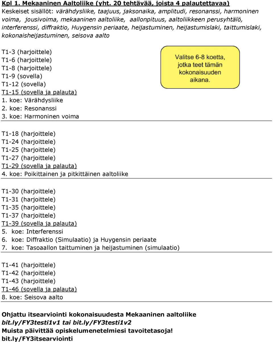 perusyhtälö, interferenssi, diffraktio, Huygensin periaate, heijastuminen, heijastumislaki, taittumislaki, kokonaisheijastuminen, seisova aalto T1-3 (harjoittele) T1-6 (harjoittele) T1-8