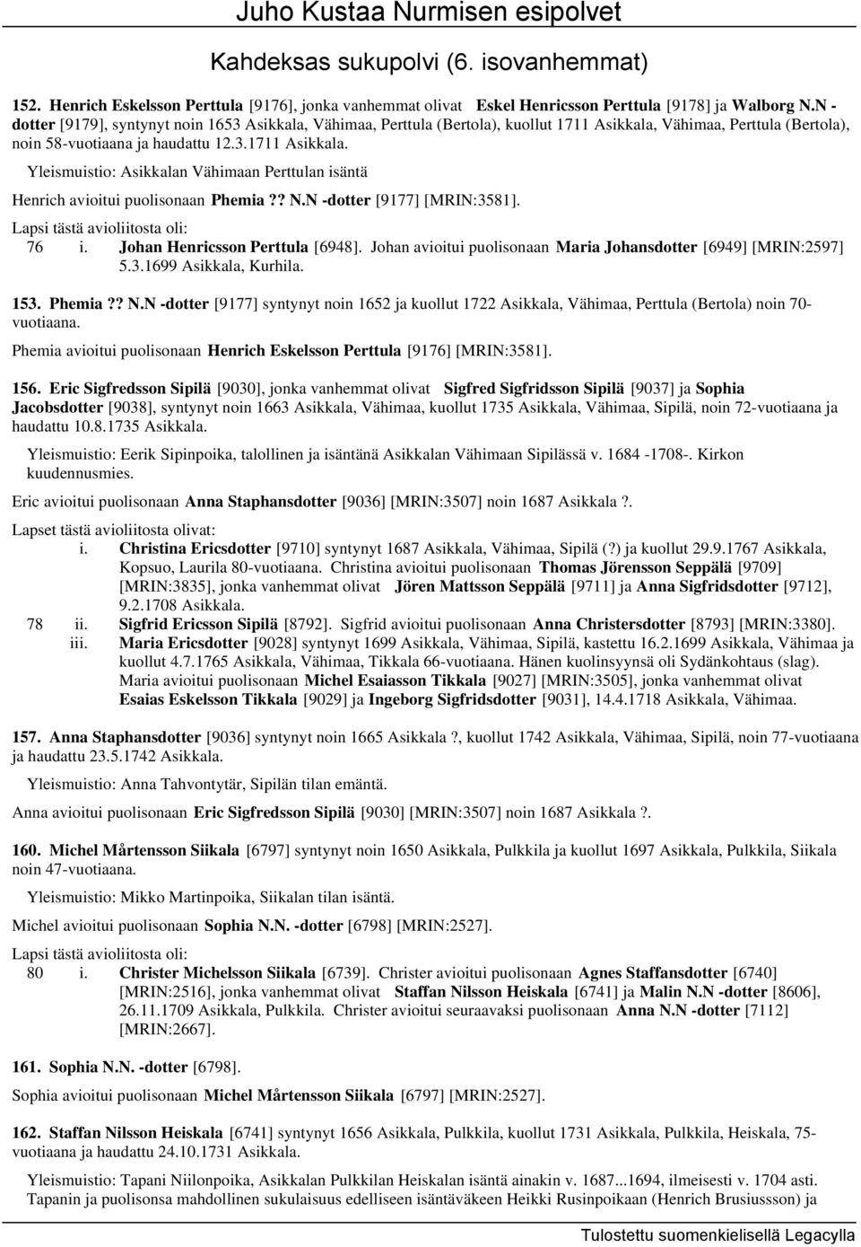 ? N.N -dotter [9177] [MRIN:3581]. 76 i. Johan Henricsson Perttula [6948]. Johan avioitui puolisonaan Maria Johansdotter [6949] [MRIN:2597] 5.3.1699 Asikkala, Kurhila. 153. Phemia?? N.N -dotter [9177] syntynyt noin 1652 ja kuollut 1722 Asikkala, Vähimaa, Perttula (Bertola) noin 70- vuotiaana.