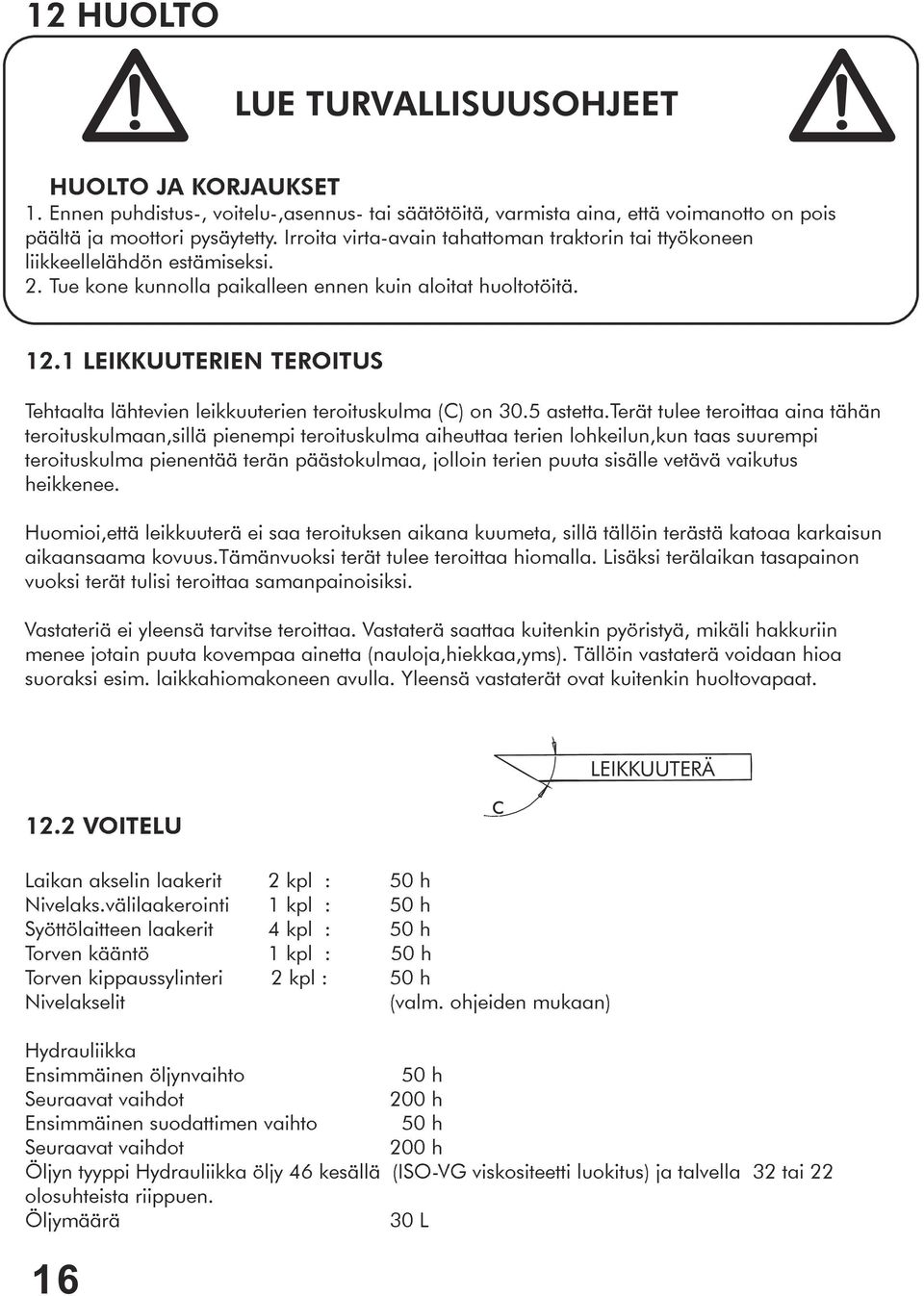 1 LEIKKUUTERIEN TEROITUS Tehtaalta lähtevien leikkuuterien teroituskulma (C) on 30.5 astetta.