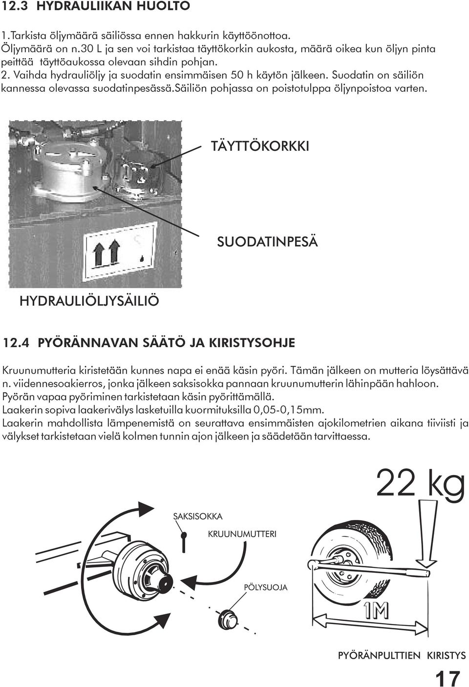 Suodatin on säiliön kannessa olevassa suodatinpesässä.säiliön pohjassa on poistotulppa öljynpoistoa varten. TÄYTTÖKORKKI SUODATINPESÄ HYDRAULIÖLJYSÄILIÖ 12.