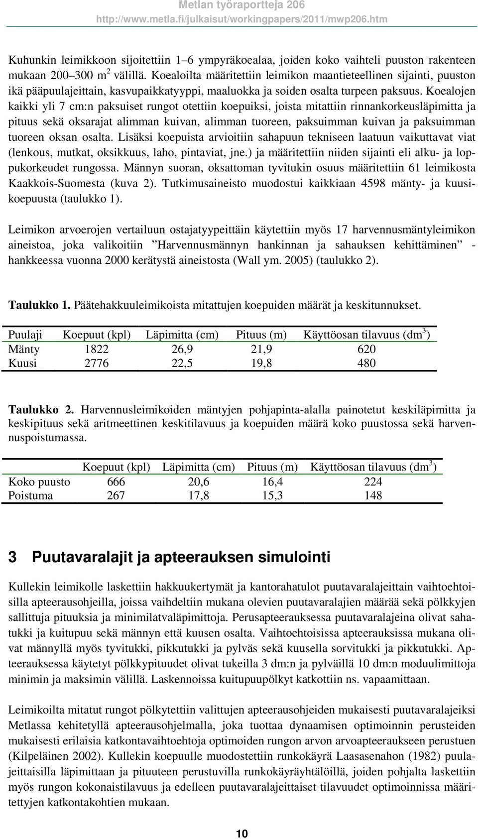 Koealojen kaikki yli 7 cm:n paksuiset rungot otettiin koepuiksi, joista mitattiin rinnankorkeusläpimitta ja pituus sekä oksarajat alimman kuivan, alimman tuoreen, paksuimman kuivan ja paksuimman