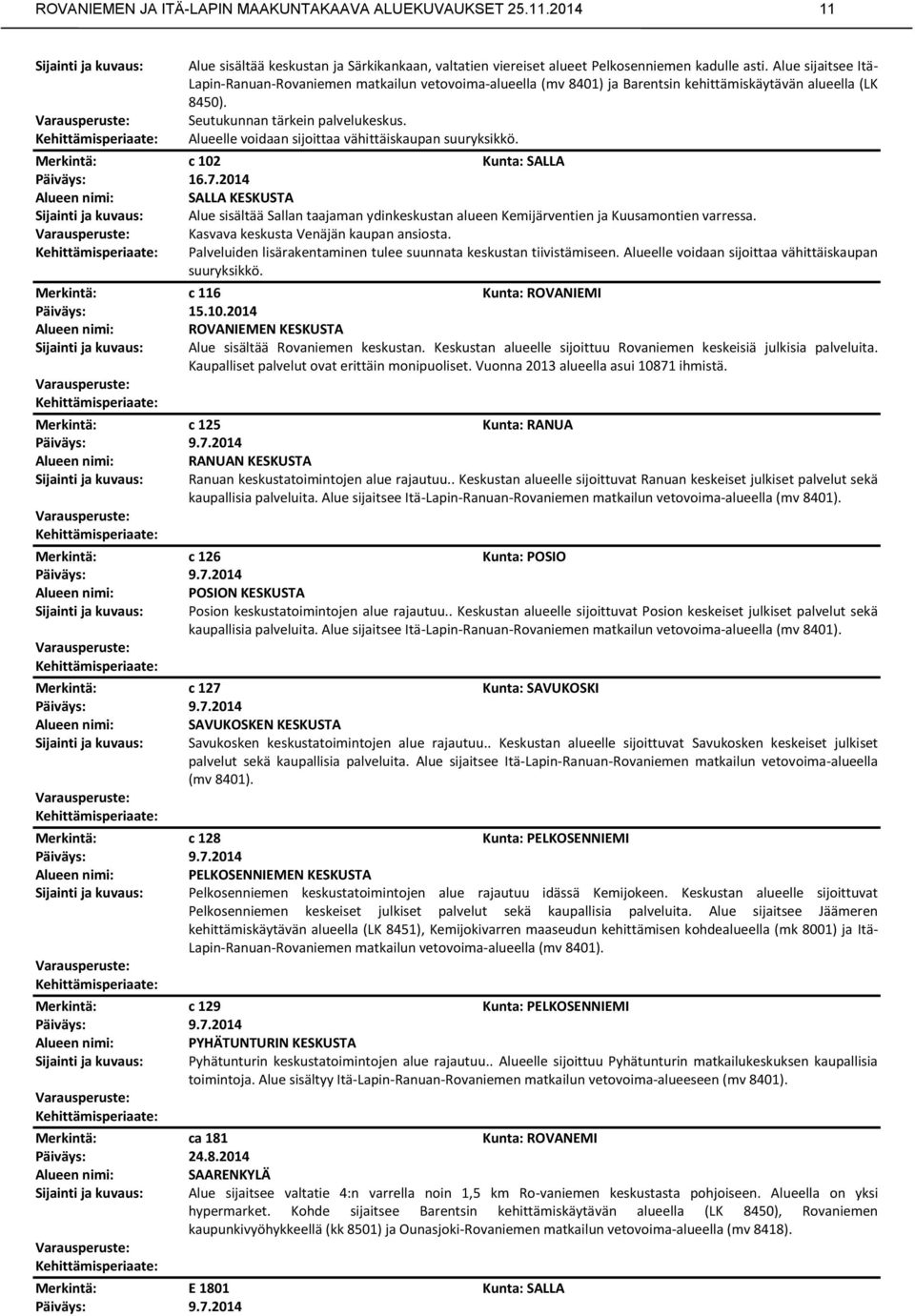 Alueelle voidaan sijoittaa vähittäiskaupan suuryksikkö. c 102 Kunta: SALLA 16.7.2014 SALLA KESKUSTA Alue sisältää Sallan taajaman ydinkeskustan alueen Kemijärventien ja Kuusamontien varressa.