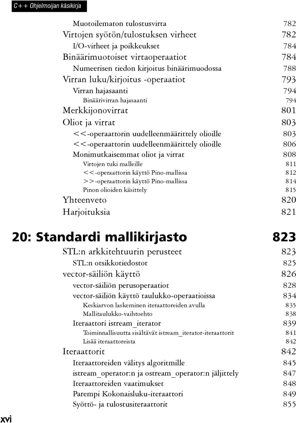 <<-operaattorin uudelleenmäärittely olioille 806 Monimutkaisemmat oliot ja virrat 808 Virtojen tuki malleille 811 <<-operaattorin käyttö Pino-mallissa 812 >>-operaattorin käyttö Pino-mallissa 814