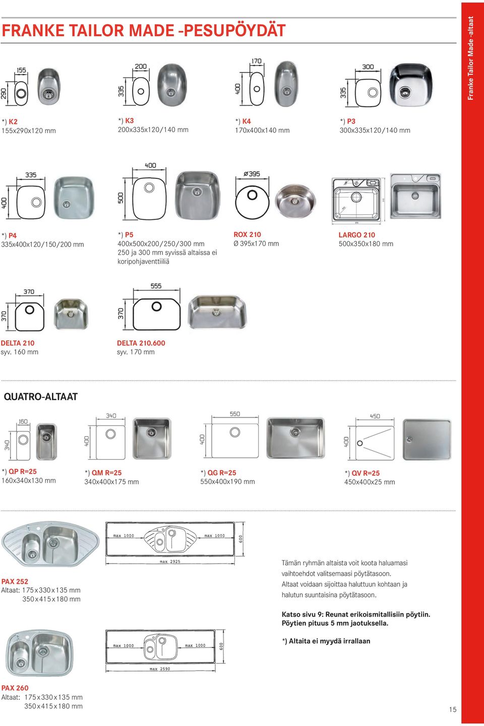 170 mm QUATRO-ALTAAT *) QP R=25 160x340x130 mm *) QM R=25 340x400x175 mm *) QG R=25 550x400x190 mm *) QV R=25 450x400x25 mm PAX 252 Altaat: 175 x 330 x 135 mm 350 x 415 x 180 mm Tämän ryhmän altaista