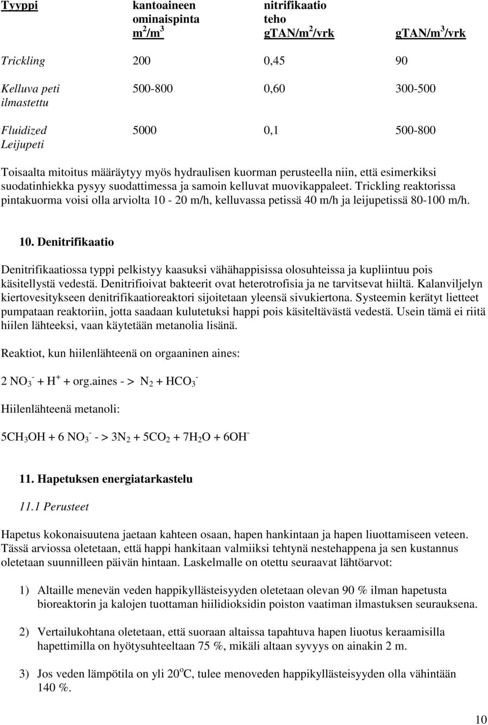 Trickling reaktorissa pintakuorma voisi olla arviolta 10-20 m/h, kelluvassa petissä 40 m/h ja leijupetissä 80-100 m/h. 10. Denitrifikaatio Denitrifikaatiossa typpi pelkistyy kaasuksi vähähappisissa olosuhteissa ja kupliintuu pois käsitellystä vedestä.