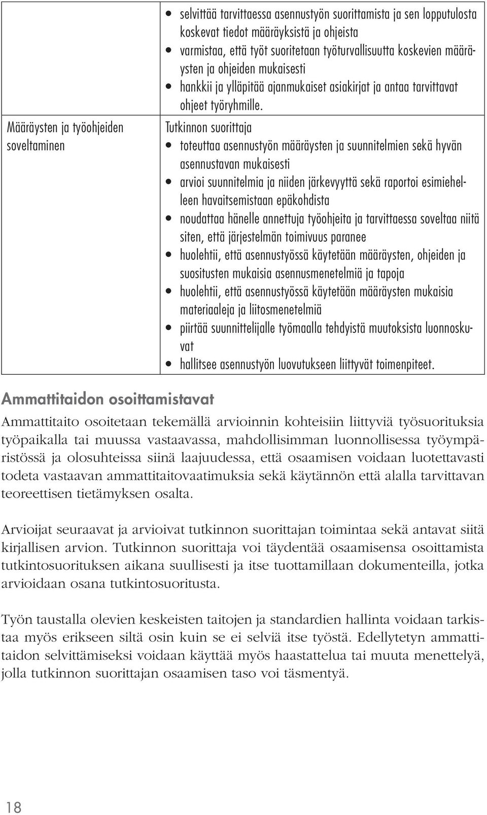 toteuttaa asennustyön määräysten ja suunnitelmien sekä hyvän asennustavan mukaisesti arvioi suunnitelmia ja niiden järkevyyttä sekä raportoi esimiehelleen havaitsemistaan epäkohdista noudattaa