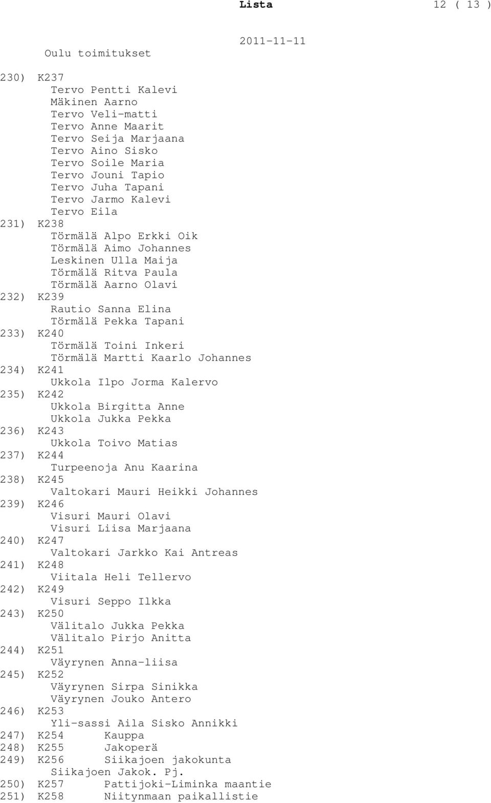 Paula Törmälä Aarno Olavi K239 Rautio Sanna Elina Törmälä Pekka Tapani K240 Törmälä Toini Inkeri Törmälä Martti Kaarlo Johannes K241 Ukkola Ilpo Jorma Kalervo K242 Ukkola Birgitta Anne Ukkola Jukka