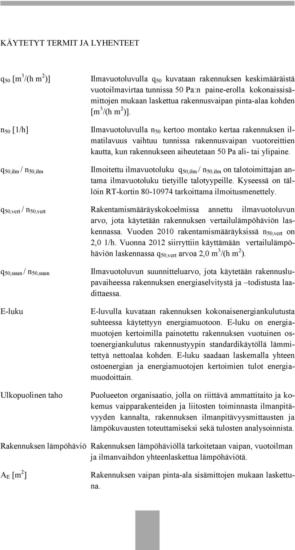 Ilmavuotoluvulla n 50 kertoo montako kertaa rakennuksen ilmatilavuus vaihtuu tunnissa rakennusvaipan vuotoreittien kautta, kun rakennukseen aiheutetaan 50 Pa ali- tai ylipaine.