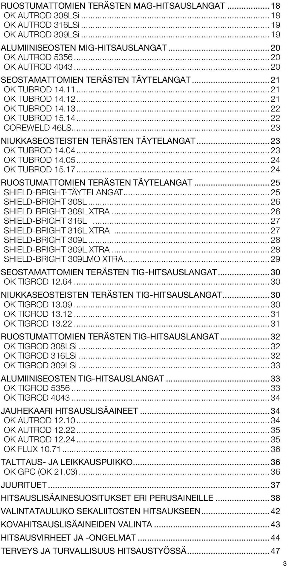 .. 23 OK Tubrod 14.04... 23 OK Tubrod 14.05... 24 OK Tubrod 15.17... 24 Ruostumattomien terästen täytelangat... 25 Shield-Bright-täytelangat... 25 Shield-Bright 308L... 26 Shield-Bright 308L Xtra.