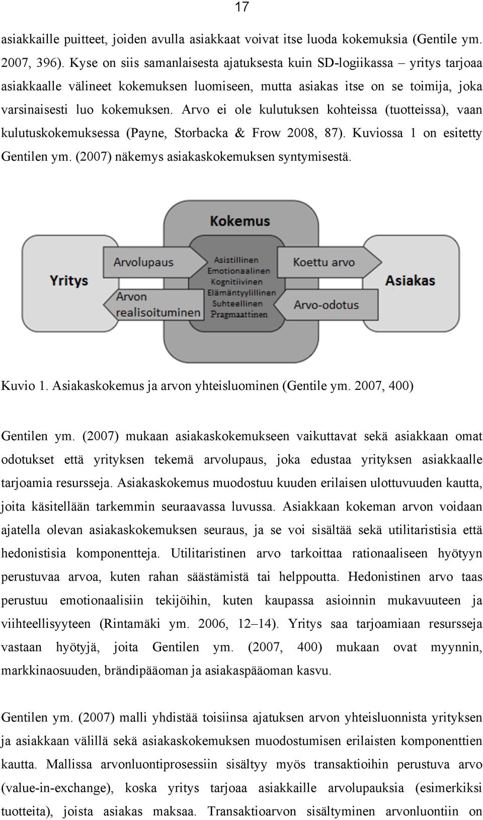 Arvo ei ole kulutuksen kohteissa (tuotteissa), vaan kulutuskokemuksessa (Payne, Storbacka & Frow 2008, 87). Kuviossa 1 on esitetty Gentilen ym. (2007) näkemys asiakaskokemuksen syntymisestä. Kuvio 1.