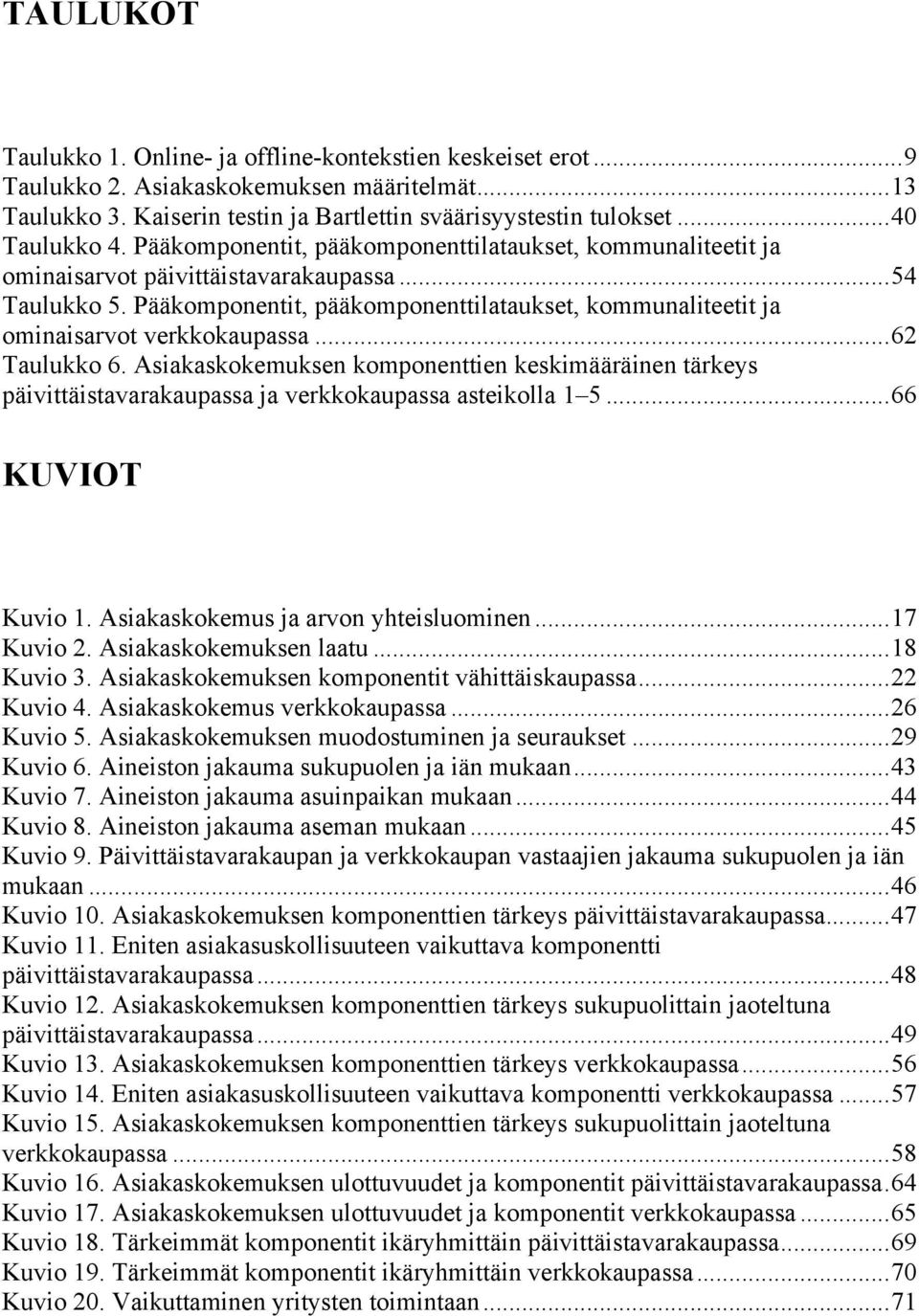 Pääkomponentit, pääkomponenttilataukset, kommunaliteetit ja ominaisarvot verkkokaupassa... 62 Taulukko 6.