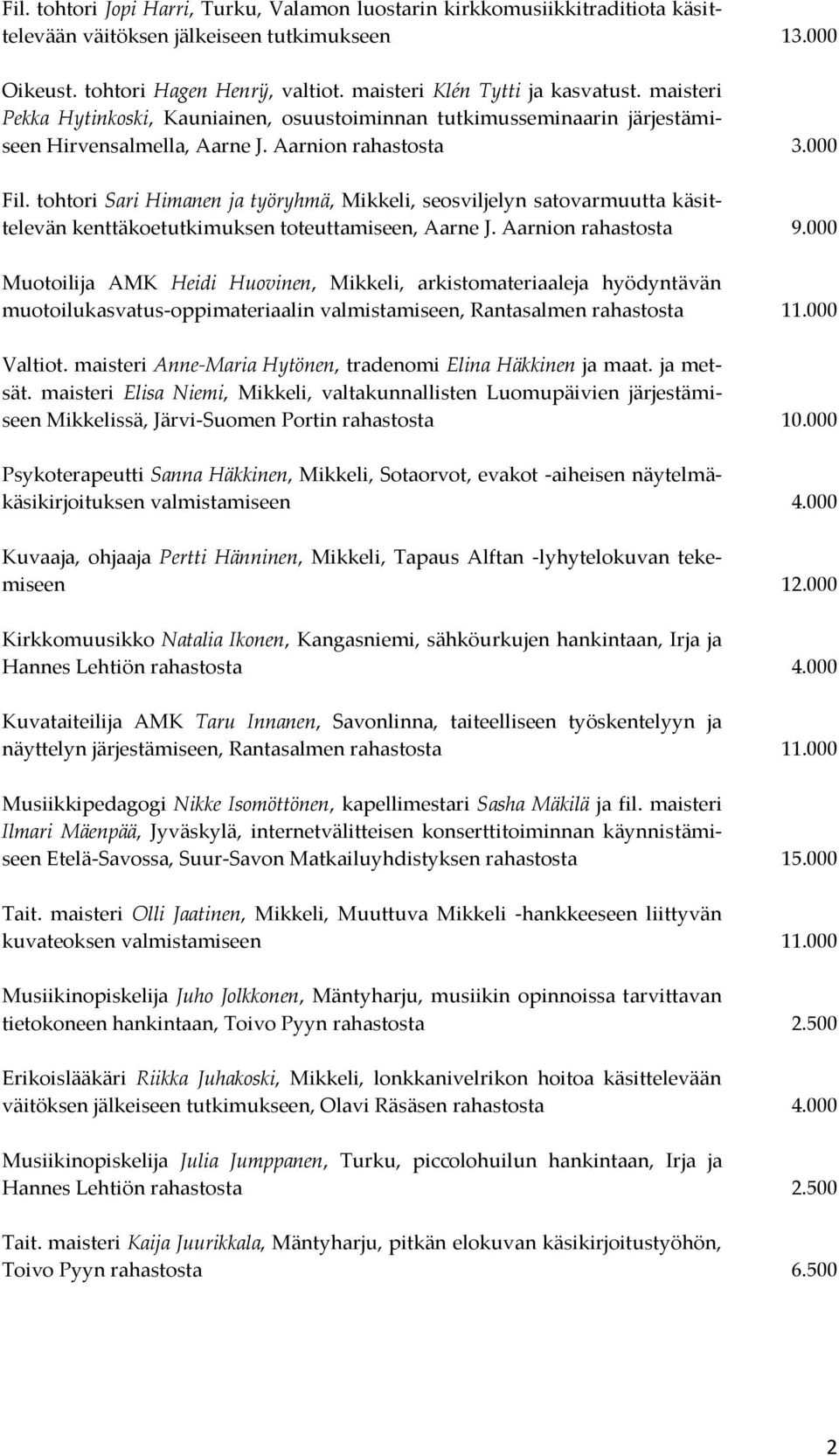 tohtori Sari Himanen ja työryhmä, Mikkeli, seosviljelyn satovarmuutta käsittelevän kenttäkoetutkimuksen toteuttamiseen, Aarne J. Aarnion rahastosta 9.