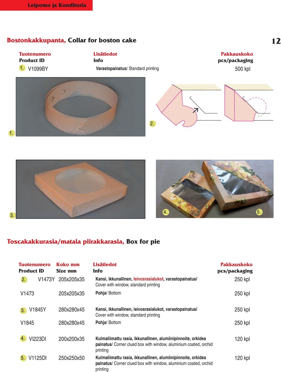 Bottom 250 kpl V1845Y 280x280x45 Kansi, ikkunallinen, leivosrasialukot, varastopainatus/ 250 kpl Cover with window, standard printing V1845 280x280x45 Pohja/ Bottom 250 kpl 5.