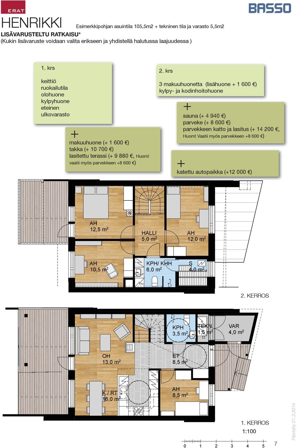 kerros 52m2 3 makuuhuonetta (lisähuone + 1 600 ) kylpy- ja kodinhoitohuone + sauna (+ 4 940 ) D parveke (+ 8 600 ) parvekkeen katto ja lasitus C(+ 14 200, 2. kerros 55m2 + Huom!