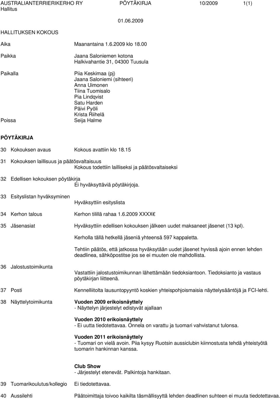 klo 18.15 31 Kokouksen laillisuus ja päätösvaltaisuus Kokous todettiin lailliseksi ja päätösvaltaiseksi 32 Edellisen kokouksen pöytäkirja Ei hyväksyttäviä pöytäkirjoja.