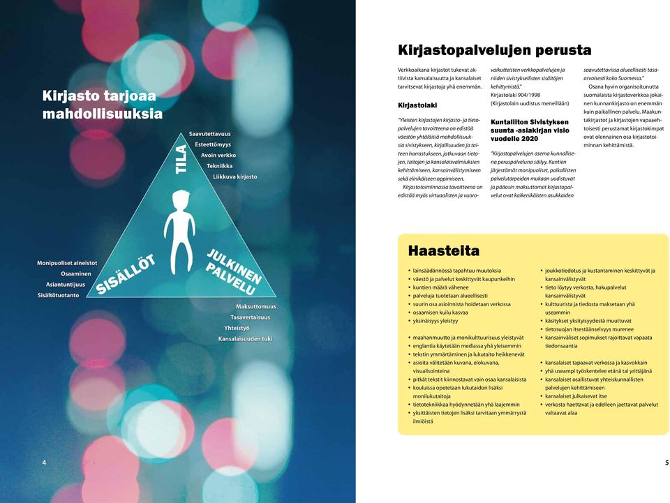 Kirjastolaki Yleisten kirjastojen kirjasto- ja tietopalvelujen tavoitteena on edistää väestön yhtäläisiä mahdollisuuksia sivistykseen, kirjallisuuden ja tai- kehittymistä.