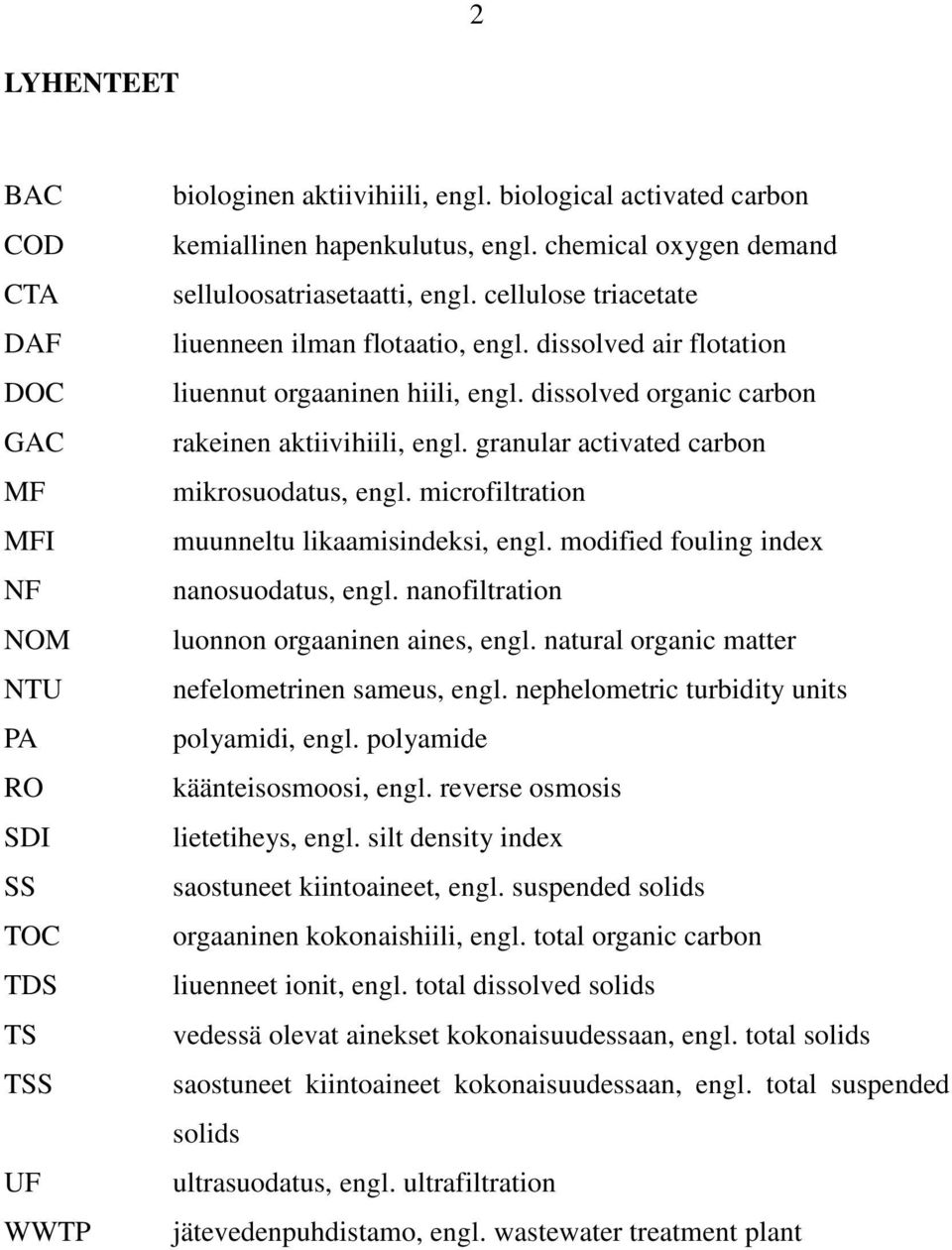 dissolved organic carbon rakeinen aktiivihiili, engl. granular activated carbon mikrosuodatus, engl. microfiltration muunneltu likaamisindeksi, engl. modified fouling index nanosuodatus, engl.