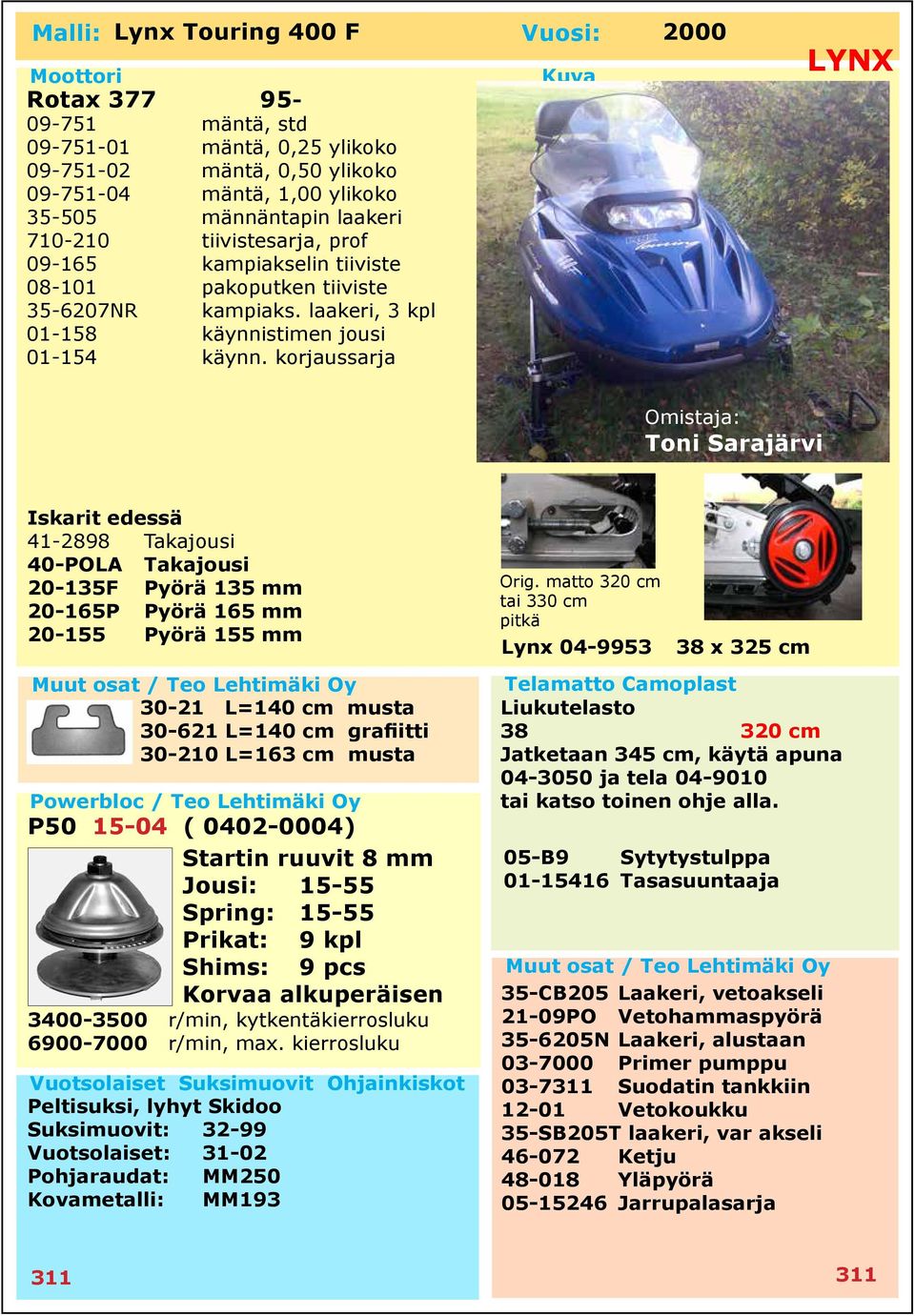 laakeri, 3 kpl 01-158 käynnistimen jousi Omistaja: Toni Sarajärvi Iskarit edessä 41-2898 Takajousi 40-POLA Takajousi 20-135F Pyörä 135 mm 20-165P Pyörä 165 mm 20-155 Pyörä 155 mm Orig.