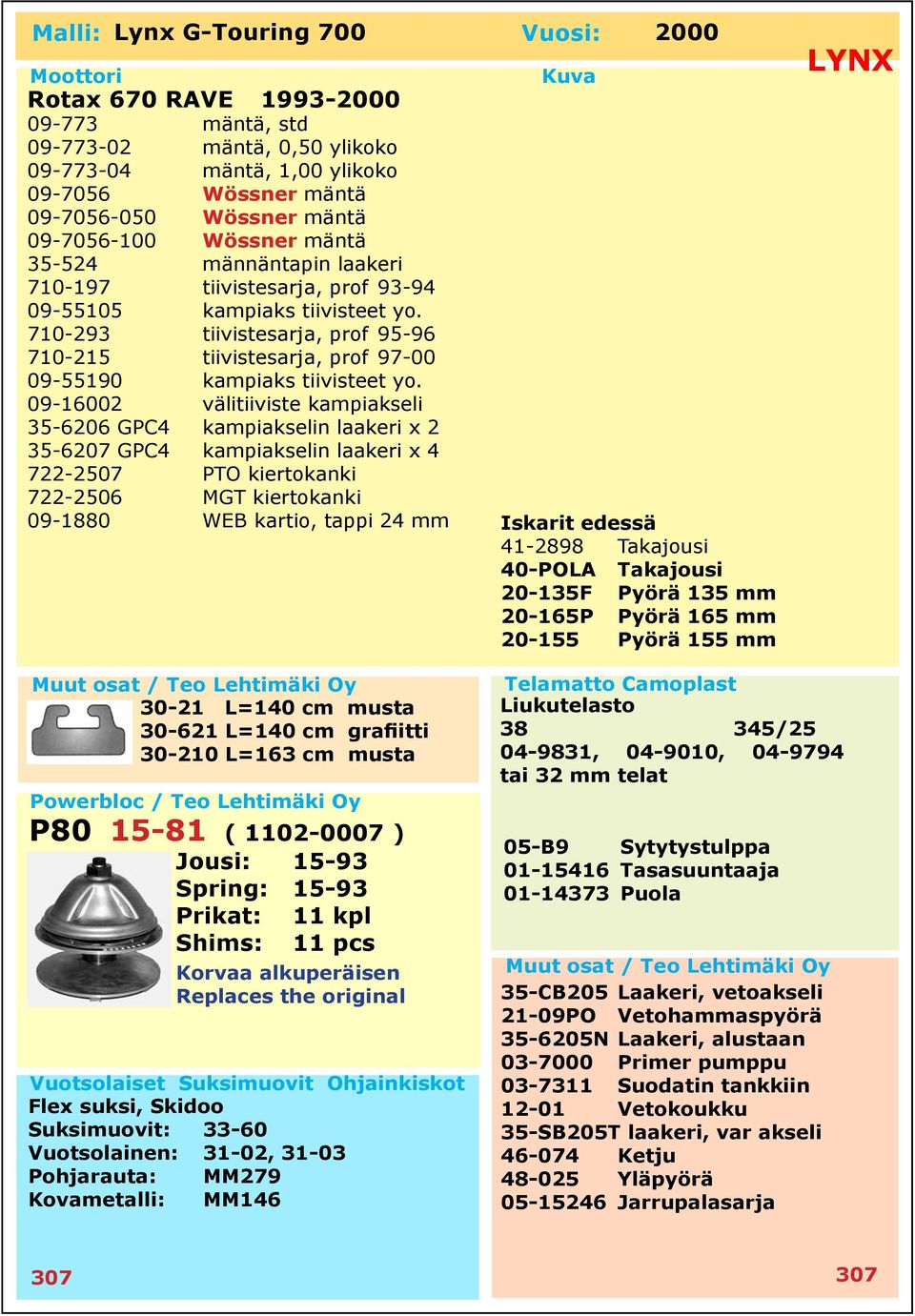 710-293 tiivistesarja, prof 95-96 710-215 tiivistesarja, prof 97-00 09-55190 kampiaks tiivisteet yo.