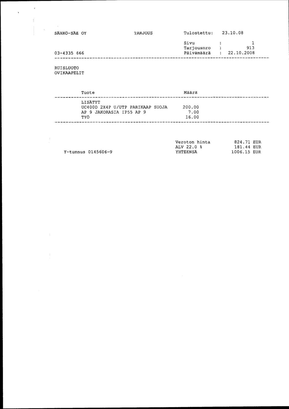 2008 RUISLUOTO OVIKAAPELIT Tuote Määrä LISÄTYT UC400D 2X4P UIUTP PARIKAAP