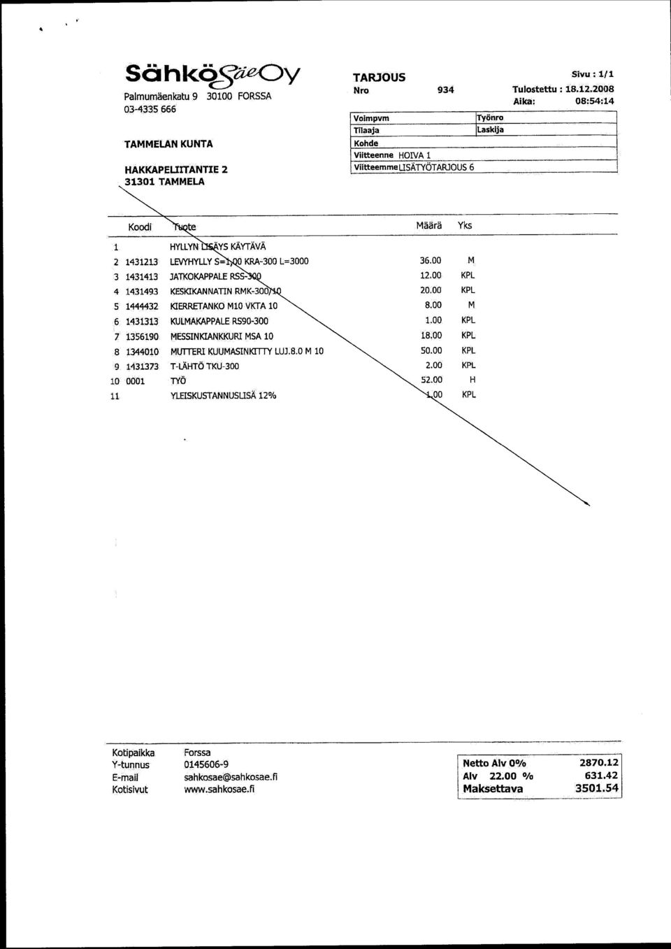 1431493 KESKIKANNATIN RMK-300 5 1444432 KIERRETANKO M10 VKTA 10 6 1431313 KULMAKAPPALE R590-300 7 1356190 MESSINKIANKKURI MSA 10 8 