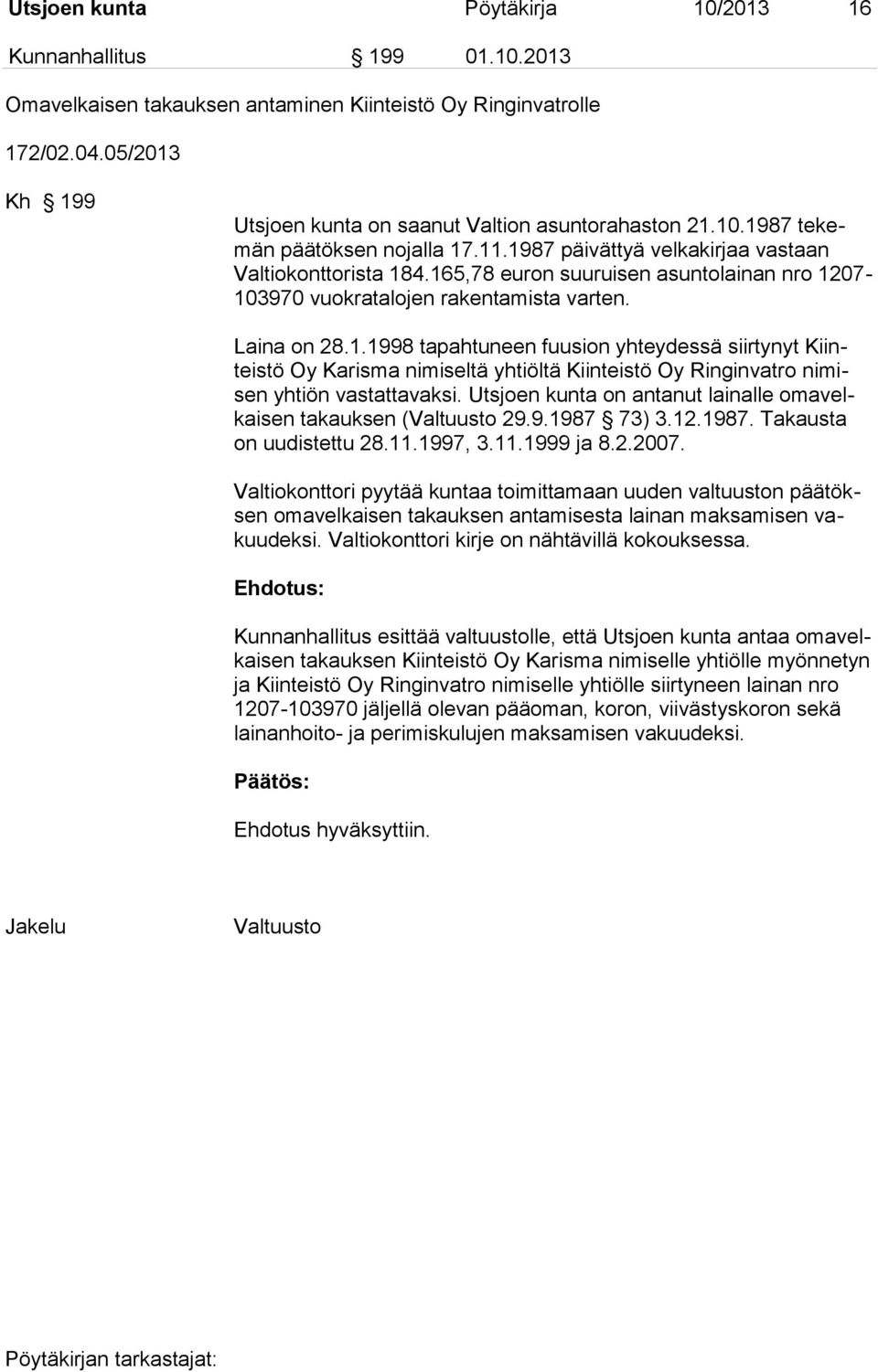 165,78 euron suuruisen asuntolainan nro 1207-103970 vuokratalojen rakentamista varten. Laina on 28.1.1998 tapahtuneen fuusion yhteydessä siirtynyt Kiinteistö Oy Karisma nimiseltä yhtiöltä Kiinteistö Oy Ringinvatro nimisen yhtiön vastattavaksi.