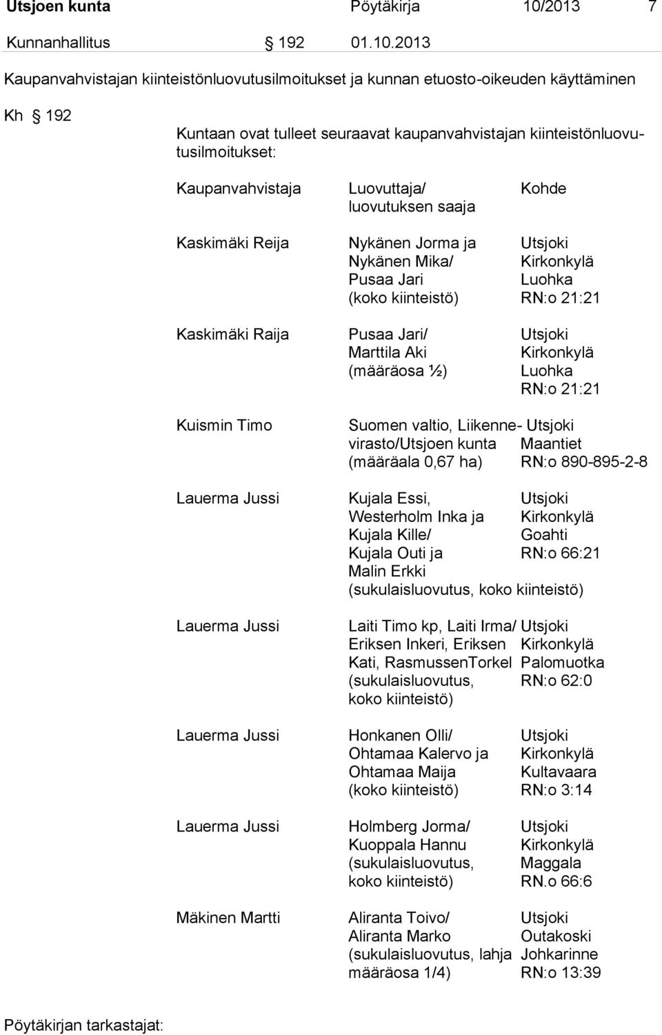 2013 Kaupanvahvistajan kiinteistönluovutusilmoitukset ja kunnan etuosto-oikeuden käyttäminen Kh 192 Kuntaan ovat tulleet seuraavat kaupanvahvistajan kiinteistönluovutusilmoitukset: Kaupanvahvistaja