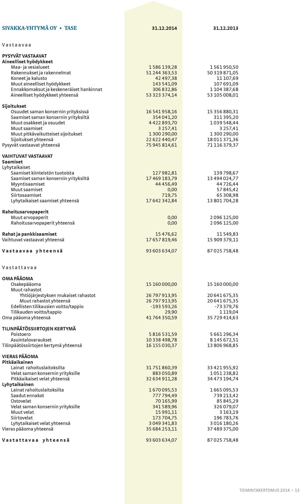 2013 V a s t a a v a a PYSYVÄT VASTAAVAT Aineelliset hyödykkeet Maa- ja vesialueet 1 586 139,28 1 561 950,50 Rakennukset ja rakennelmat 51 244 363,53 50 319 871,05 Koneet ja kalusto 42 497,38 11