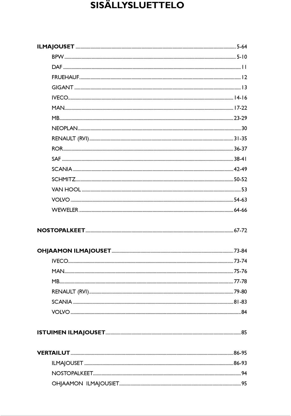 ..54-63 WEWELER...64-66 NOSTOPALKEET...67-72 OHJAAMON ILMAJOUSET...73-84 IVECO...73-74 MAN...75-76 MB...77-78 RENAULT (RVI).