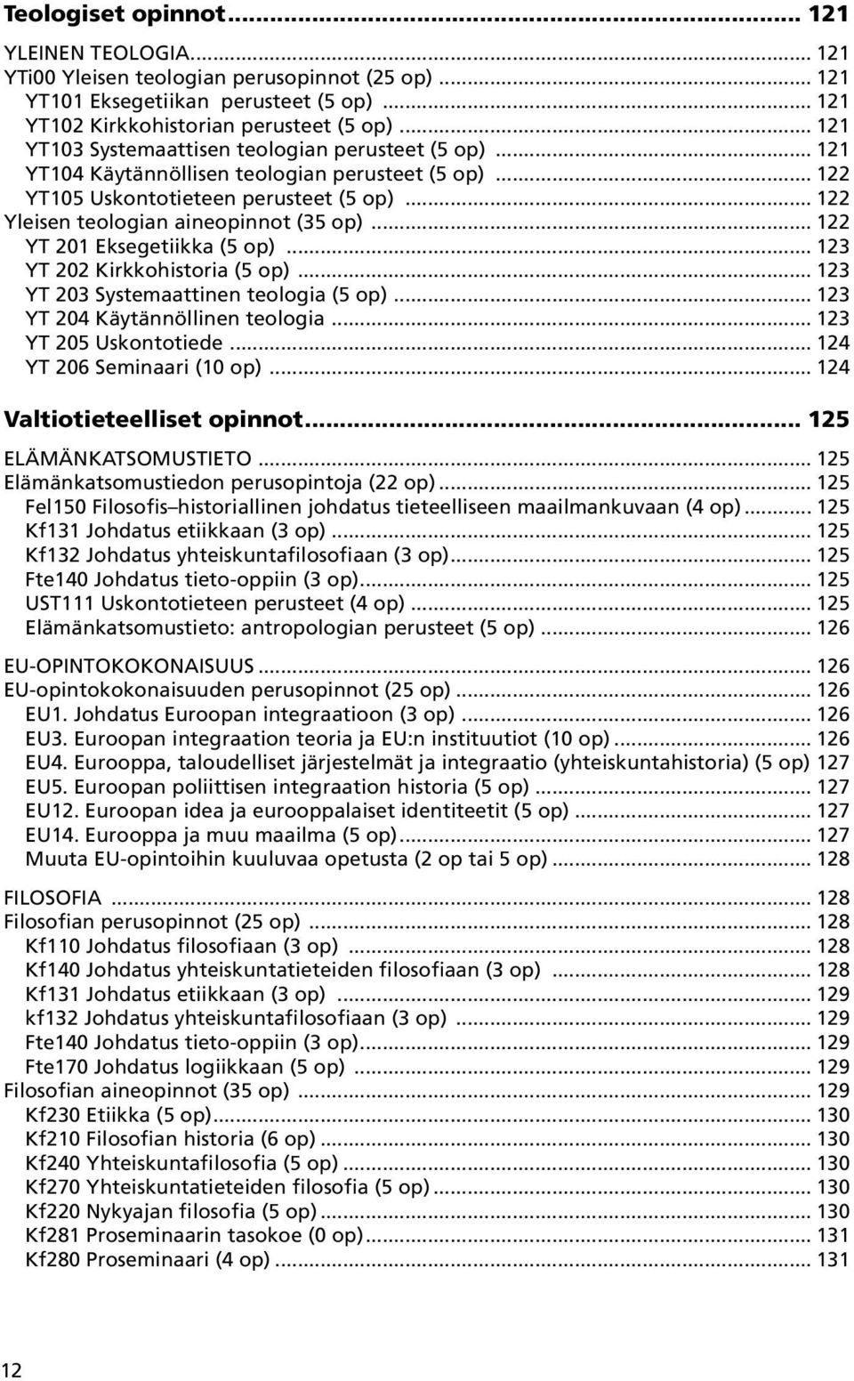 .. 122 YT 201 Eksegetiikka (5 op)... 123 YT 202 Kirkkohistoria (5 op)... 123 YT 203 Systemaattinen teologia (5 op)... 123 YT 204 Käytännöllinen teologia... 123 YT 205 Uskontotiede.