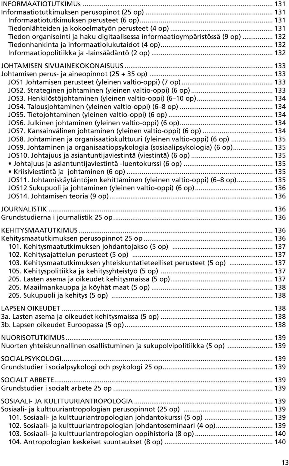 .. 132 JOHTAMIseN sivuainekokonaisuus... 133 Johtamisen perus- ja aineopinnot (25 + 35 op)... 133 JOS1 Johtamisen perusteet (yleinen valtio-oppi) (7 op)... 133 JOS2.