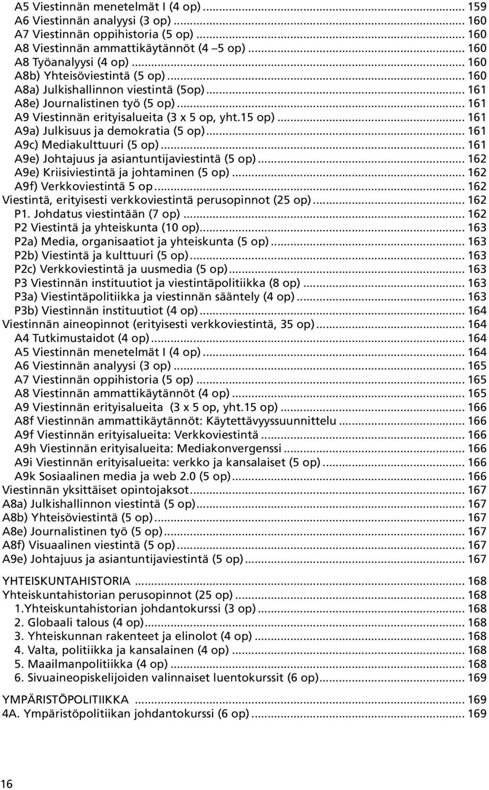 .. 161 A9a) Julkisuus ja demokratia (5 op)... 161 A9c) Mediakulttuuri (5 op)... 161 A9e) Johtajuus ja asiantuntijaviestintä (5 op)... 162 A9e) Kriisiviestintä ja johtaminen (5 op).