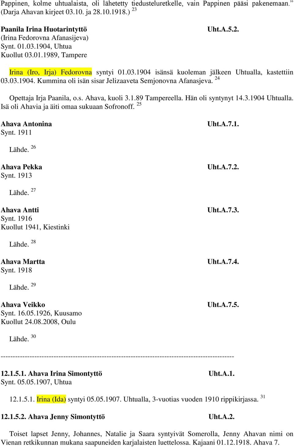 03.1904. Kummina oli isän sisar Jelizaaveta Semjonovna Afanasjeva. 24 Opettaja Irja Paanila, o.s. Ahava, kuoli 3.1.89 Tampereella. Hän oli syntynyt 14.3.1904 Uhtualla.