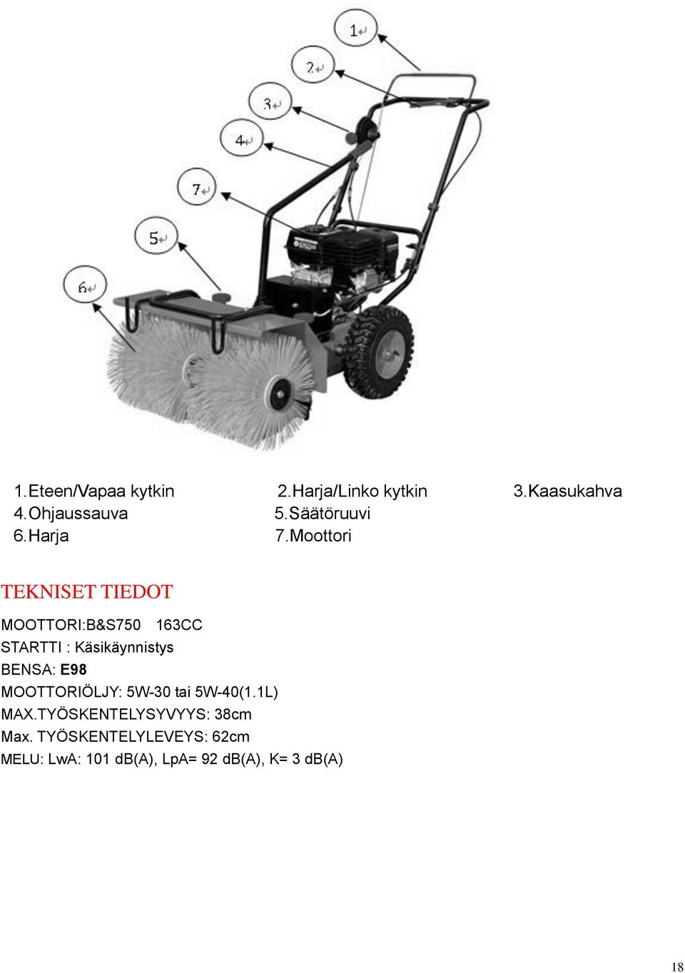 Moottori TEKNISET TIEDOT MOOTTORI:B&S750 163CC STARTTI : Käsikäynnistys BENSA: