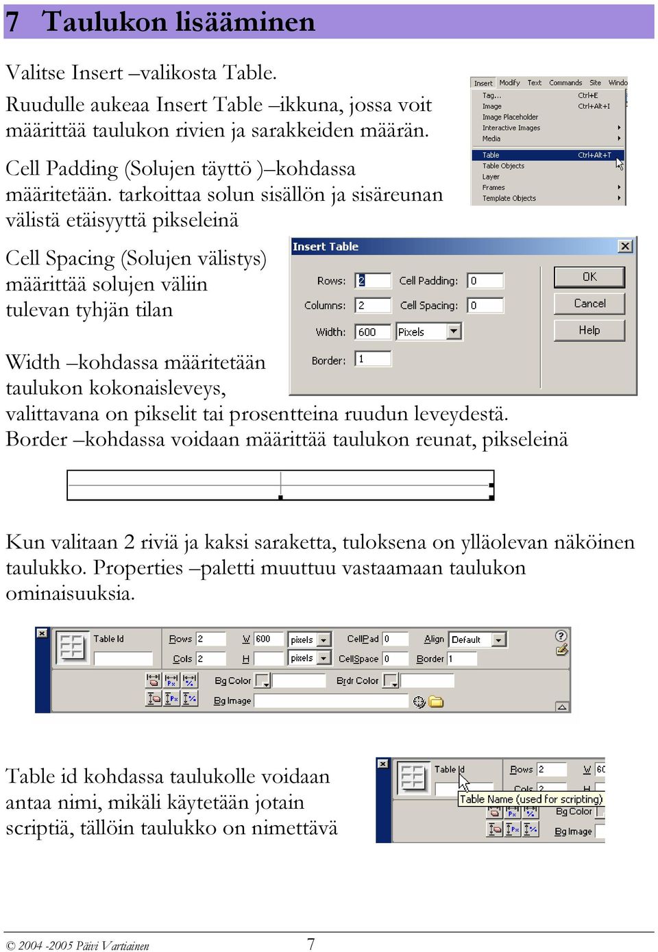 tarkoittaa solun sisällön ja sisäreunan välistä etäisyyttä pikseleinä Cell Spacing (Solujen välistys) määrittää solujen väliin tulevan tyhjän tilan Width kohdassa määritetään taulukon kokonaisleveys,