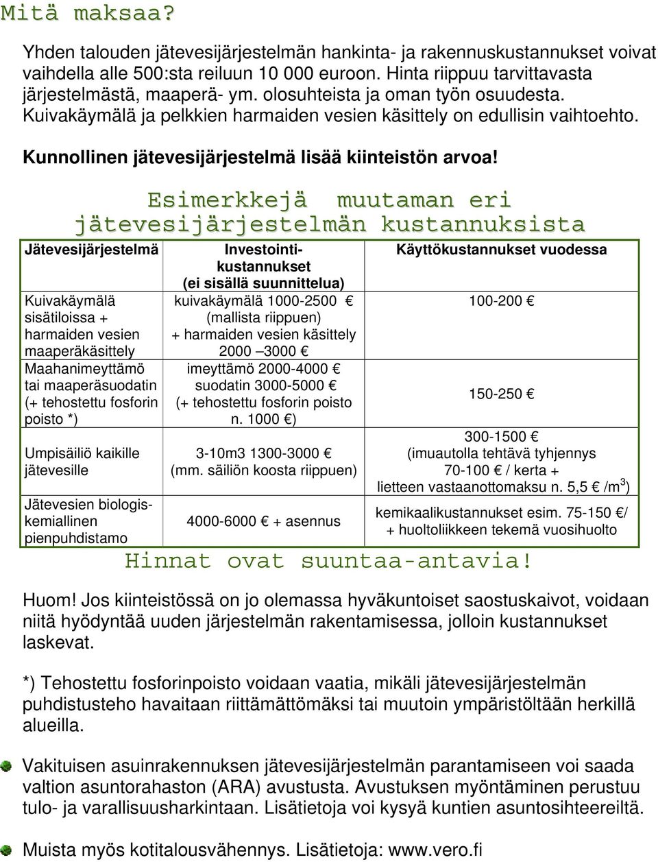 Esimerkkejä muutaman eri jätevesijärjestelmän kustannuksista Jätevesijärjestelmä Kuivakäymälä sisätiloissa + harmaiden vesien maaperäkäsittely Maahanimeyttämö tai maaperäsuodatin (+ tehostettu