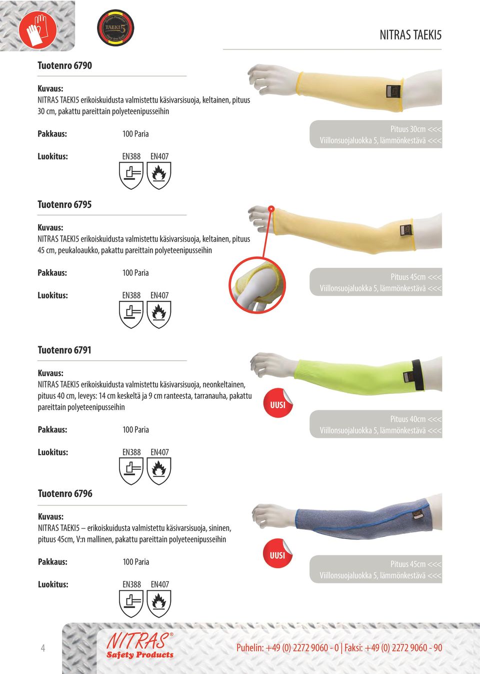 EN407 Pituus 45cm <<< Viillonsuojaluokka 5, lämmönkestävä <<< Tuotenro 6791 NITRAS TAEKI5 erikoiskuidusta valmistettu käsivarsisuoja, neonkeltainen, pituus 40 cm, leveys: 14 cm keskeltä ja 9 cm