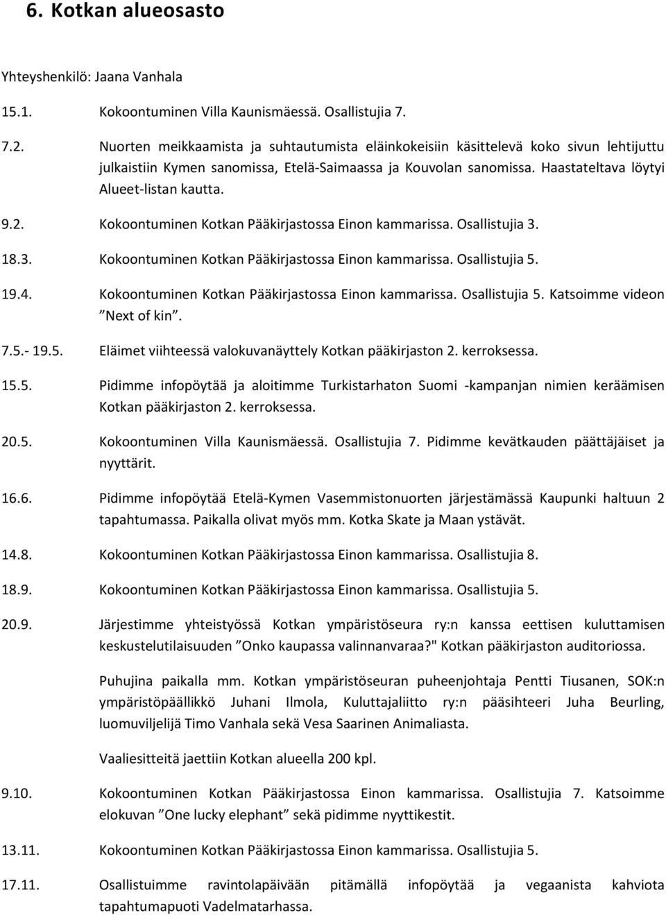 2. Kokoontuminen Kotkan Pääkirjastossa Einon kammarissa. Osallistujia 3. 18.3. Kokoontuminen Kotkan Pääkirjastossa Einon kammarissa. Osallistujia 5. 19.4.