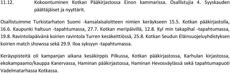 Kyl min takapihal -tapahtumassa, 19.8. Ravintolapäivänä koirien ravintola Turren kesäkeittiössä, 25.8. Kotkan Seudun Eläinsuojeluyhdistyksen koirien match showssa sekä 29.9. Iloa syksyyn -tapahtumassa.