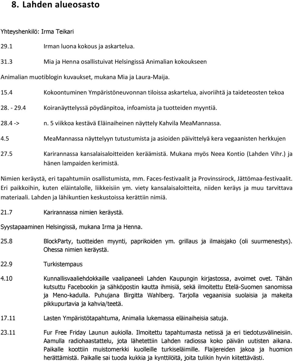 4 Kokoontuminen Ympäristöneuvonnan tiloissa askartelua, aivoriihtä ja taideteosten tekoa 28. - 29.4 Koiranäyttelyssä pöydänpitoa, infoamista ja tuotteiden myyntiä. 28.4 -> n.