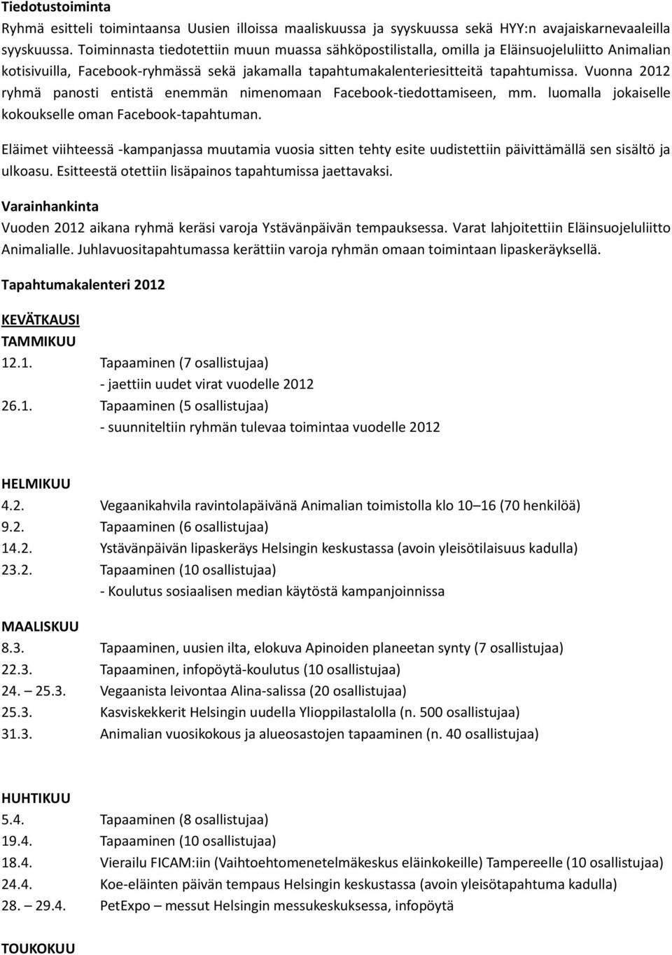 Vuonna 2012 ryhmä panosti entistä enemmän nimenomaan Facebook-tiedottamiseen, mm. luomalla jokaiselle kokoukselle oman Facebook-tapahtuman.