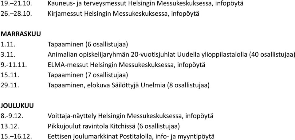 11. Tapaaminen (7 osallistujaa) 29.11. Tapaaminen, elokuva Säilöttyjä Unelmia (8 osallistujaa) JOULUKUU 8.-9.12.