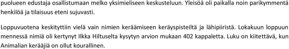 Loppuvuotena keskityttiin vielä vain nimien keräämiseen keräyspisteiltä ja lähipiiristä.