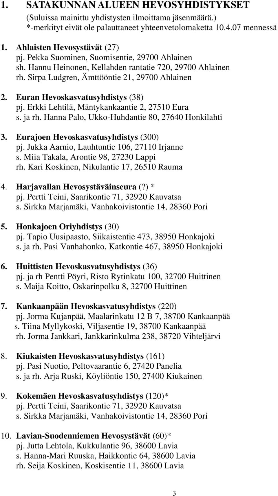 Erkki Lehtilä, Mäntykankaantie 2, 27510 Eura s. ja rh. Hanna Palo, Ukko-Huhdantie 80, 27640 Honkilahti 3. Eurajoen Hevoskasvatusyhdistys (300) pj. Jukka Aarnio, Lauhtuntie 106, 27110 Irjanne s.